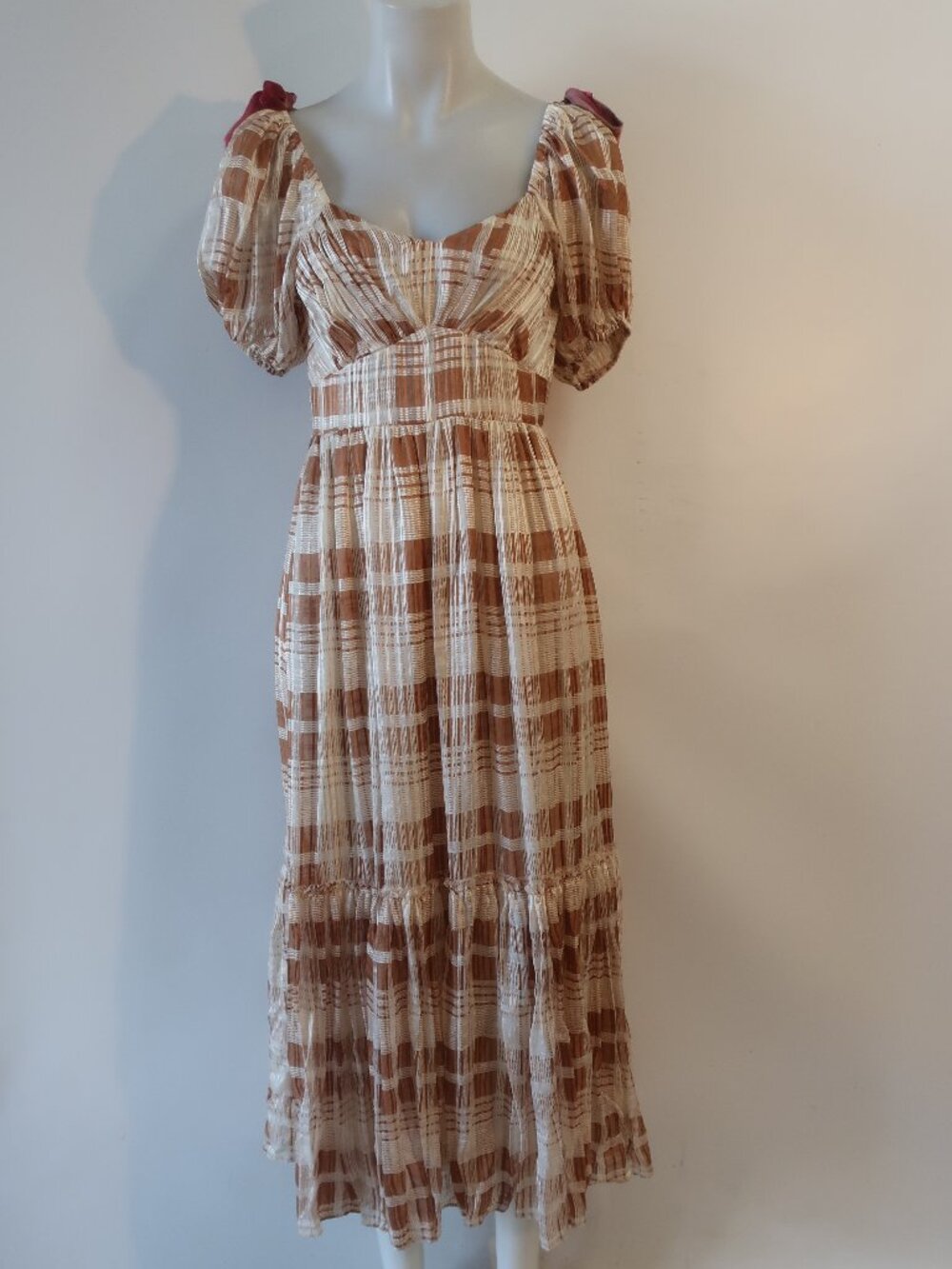 Womens LoveShackFancy Sloane Brown Ivory (Item-252) Plaid Pure Silk Midi Dress 0